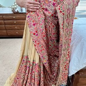 Designer Wedding Saree Indian Beige, Pink, Red with Intricate Paisley Design